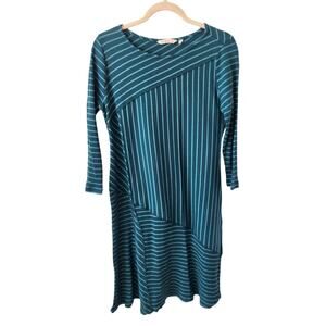 Soft Surroundings Green Striped Longs Sleeve Dress Size Petite Medium